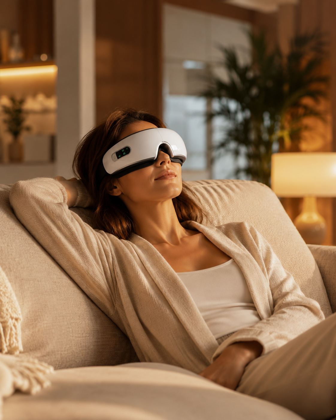 Frau entspannt mit Plunea Eye-Relax Augenmassagegerät auf dem Sofa