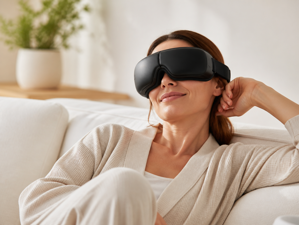 Frau entspannt mit Plunea EyeRelax Augenmassagegerät auf dem Sofa