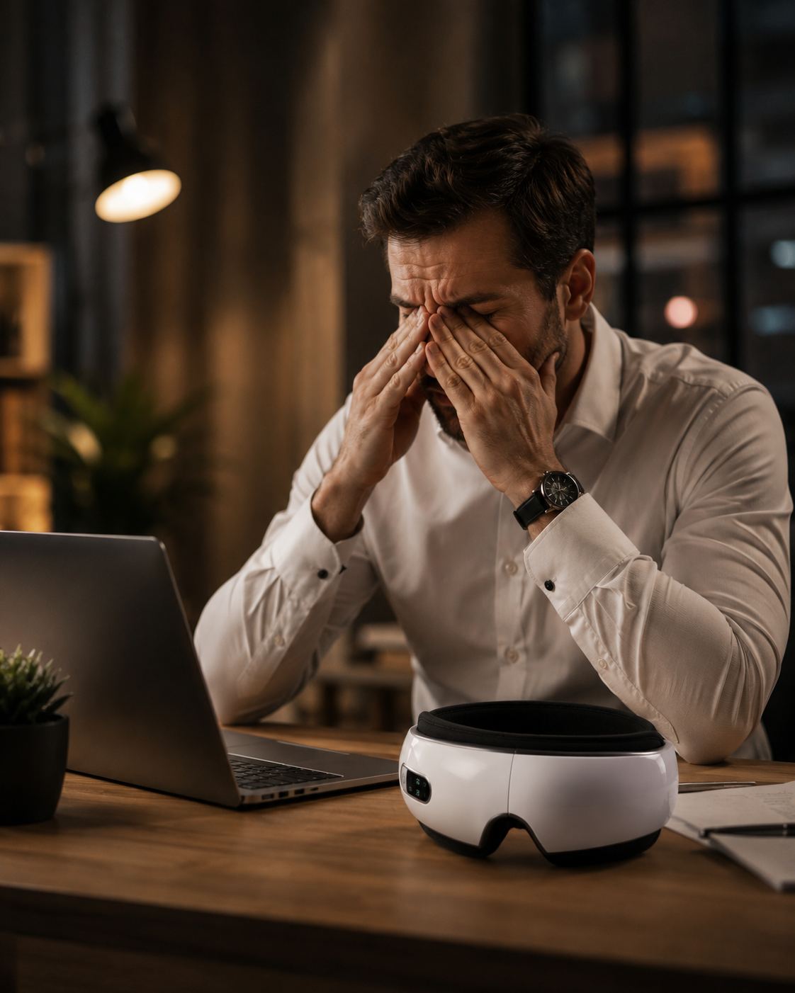 Mann mit brennenden Augen nach langem Arbeitstag am Laptop