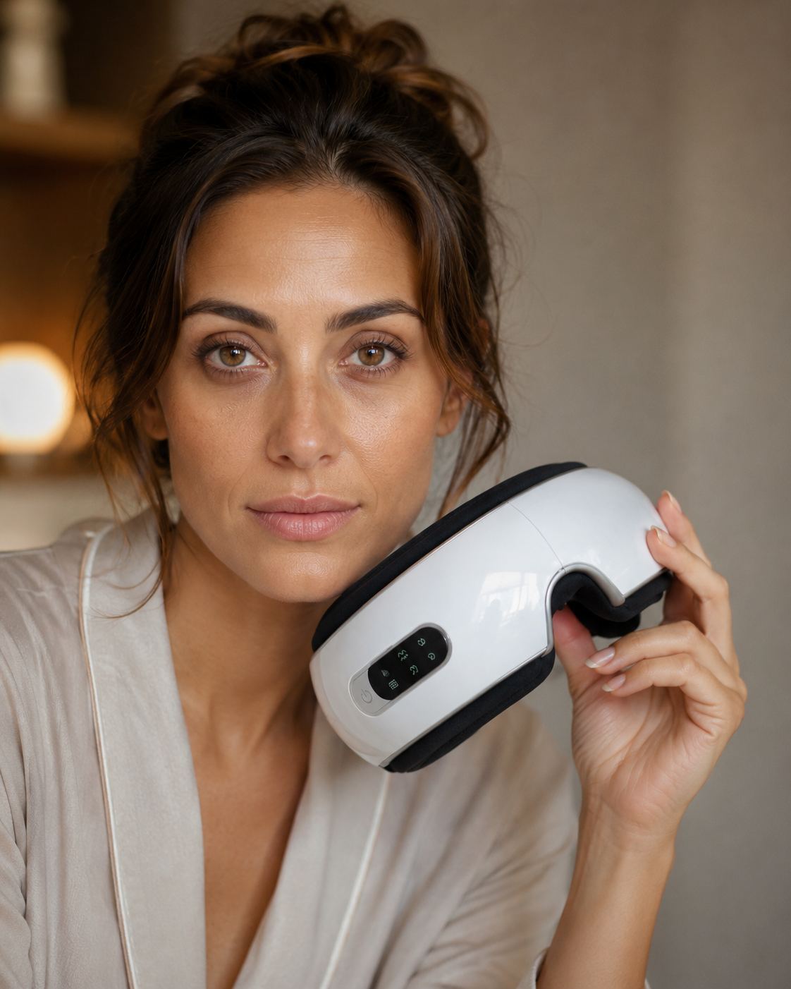 Frau hält Plunea Eye-Relax Augenmassagegerät